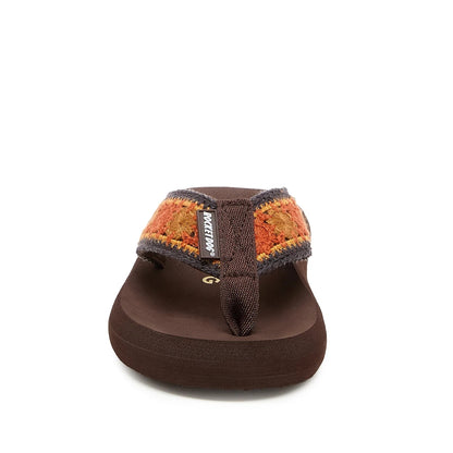 Front view of a womens Rocket Dog Spotlight Marlow flip flop in brown with an orange and tan embroidered strap and fabric toepost.