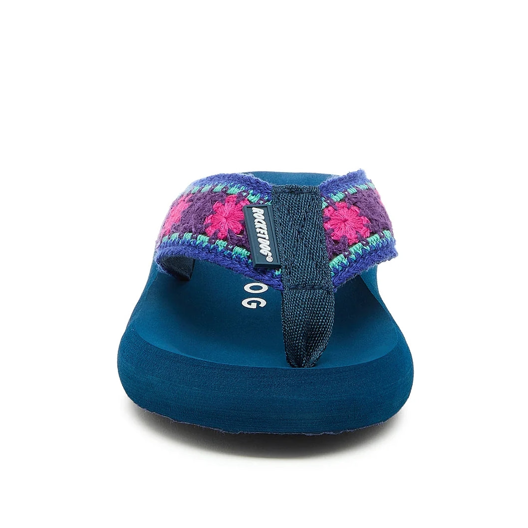 Front view of a womens Rocket Dog Spotlight Marlow flip flop with a navy sole and a purple, pink and turquoise embroidered strap.
