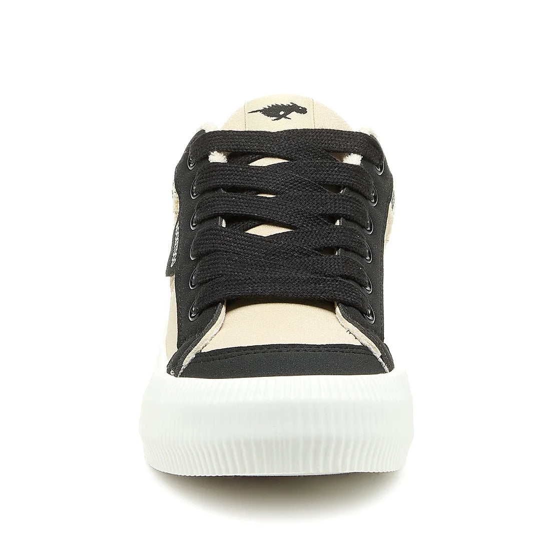 Front view of womens Rocket Dog Cheery colour block lace-up trainers with beige and black panels, white sole and black shoe laces.
