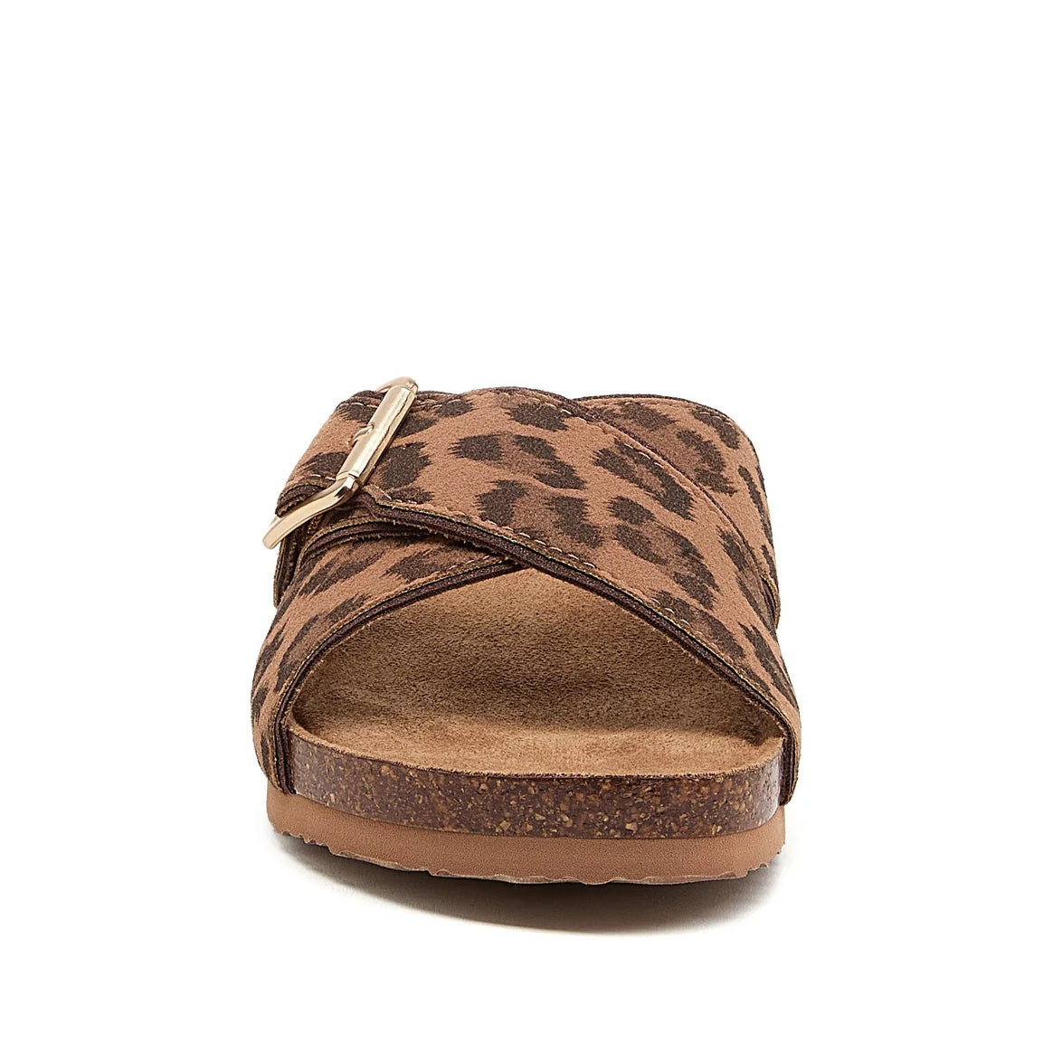 Front view of womens Rocket Dog slip-on Annie sandals, with leopard print cross-over style straps in tan brown with adjustable buckle.