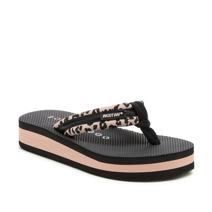 Main front view of a women's Rocket Dog Monica Leon flip flop, with a light pink/tan strap with a leopard print pattern and a platform sole.