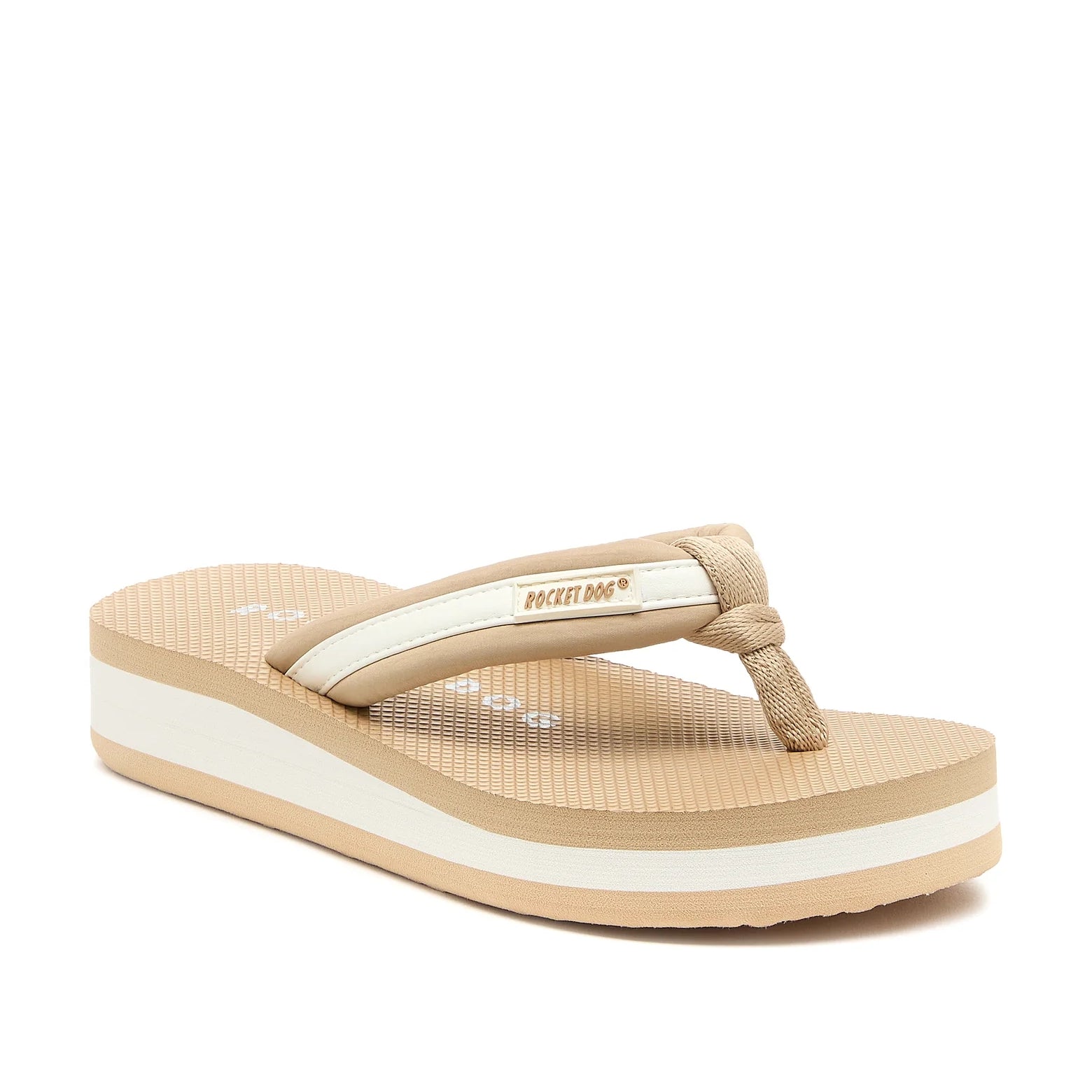 Main front view of a women's Rocket Dog Monica Bristol flip flop in tan / off-white, with a platform sole.