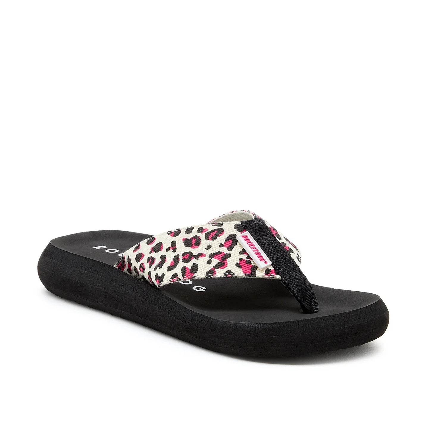 Main front view of a womens Rocket Dog Spotlight Monroe flip flop with a black sole and a cream strap with a pink and black leopard print pattern.