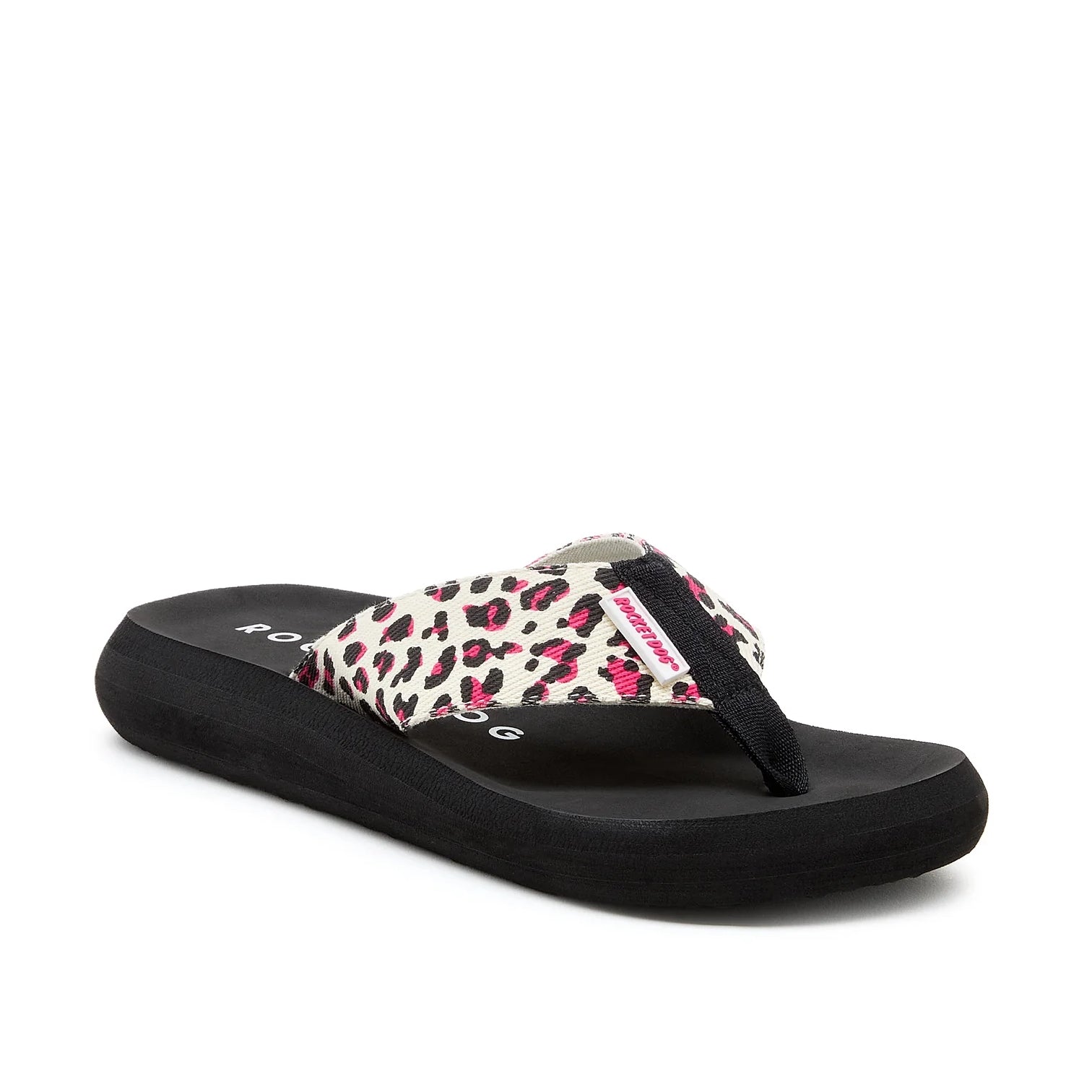 Main front view of a womens Rocket Dog Spotlight Monroe flip flop with a black sole and a cream strap with a pink and black leopard print pattern.