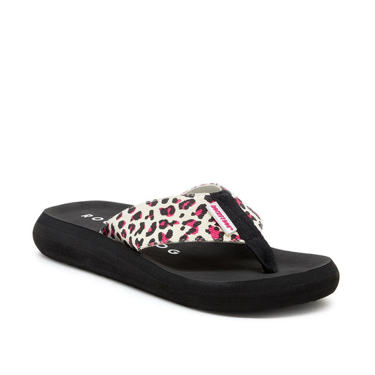 Main front view of a womens Rocket Dog Spotlight Monroe flip flop with a black sole and a cream strap with a pink and black leopard print pattern.