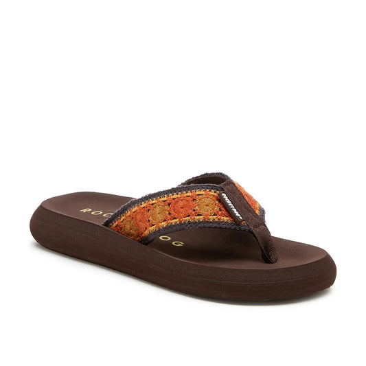 Main front view of a womens Rocket Dog Spotlight Marlow flip flop in brown with an orange and tan embroidered strap.