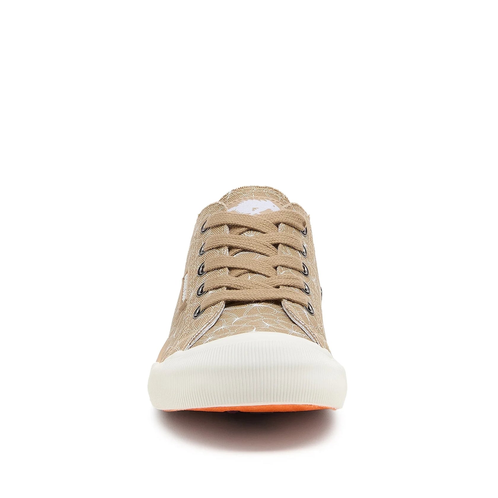 Front view of women's Rocket Dog Jazzin Mariposa canvas trainers in tan brown with butterfly print and white toe cap