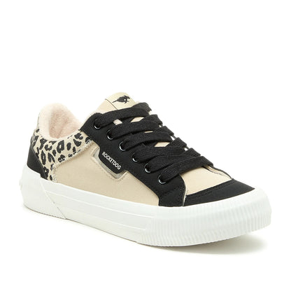 Main front view of womens Rocket Dog Cheery colour block lace-up trainers with beige, black and leopard print panels