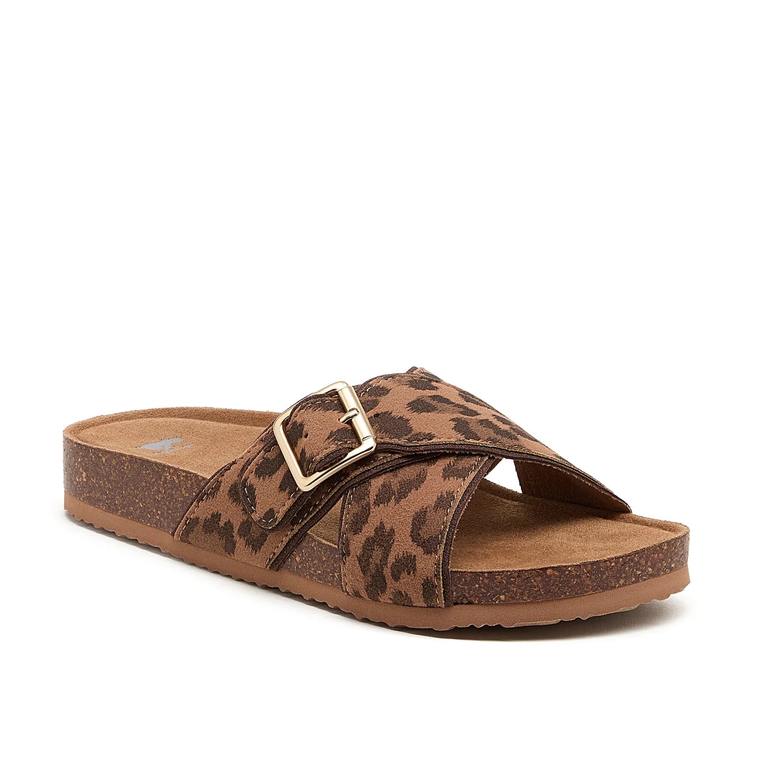 Main front view of womens Rocket Dog slip-on Annie sandals, with leopard print cross-over style straps in tan brown with adjustable buckle.