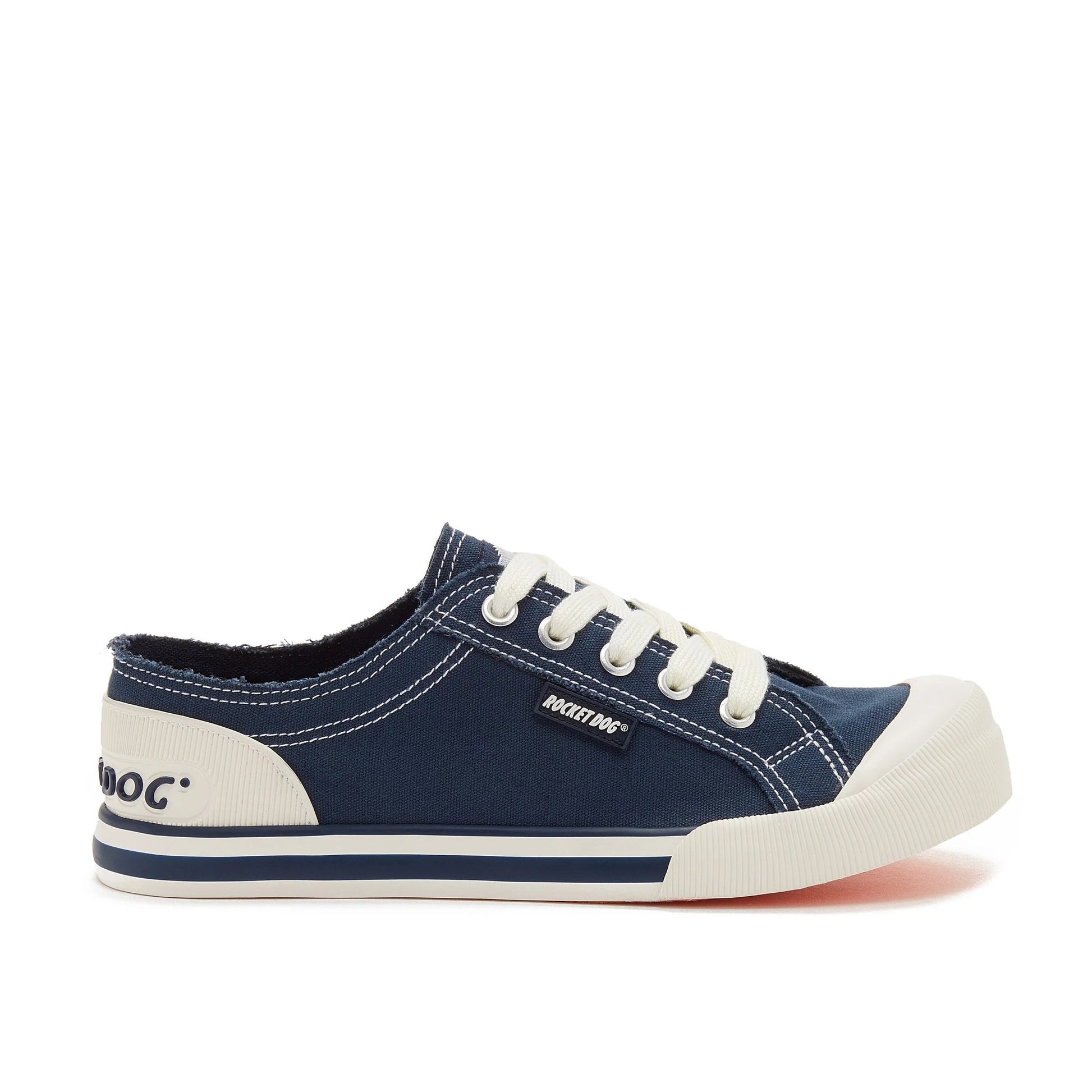Side view of women's Rocket Dog Jazzin 8A canvas trainers in Navy blue with white laces and accents