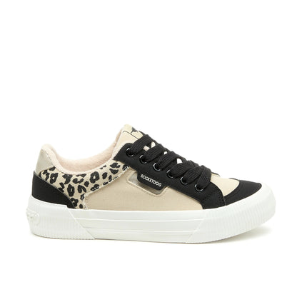 Side view of womens Rocket Dog Cheery colour block lace-up trainers with beige, black and leopard print panels, a white sole and black laces