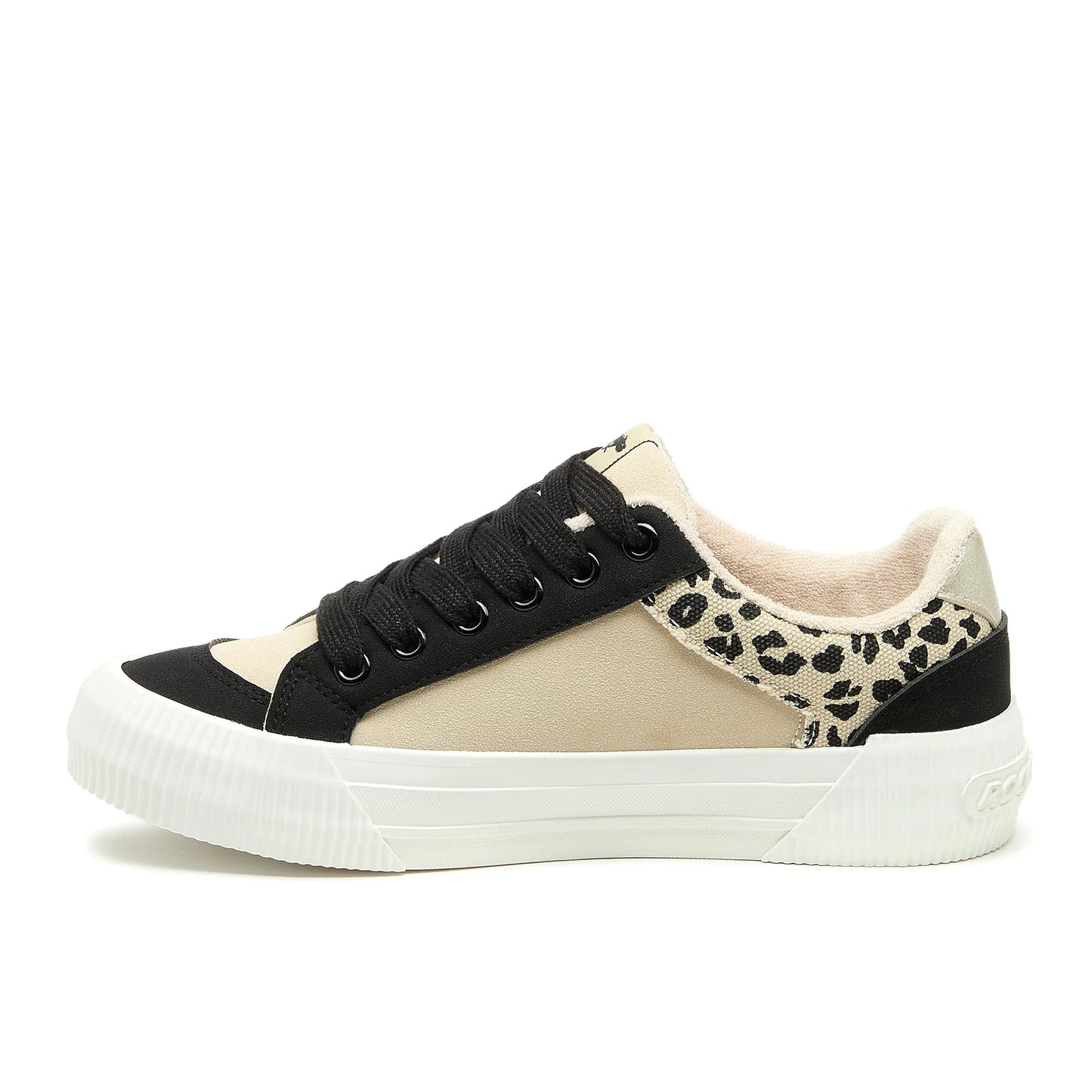 Side view of womens Rocket Dog Cheery colour block lace-up trainers with beige, black and leopard print panels and black shoe laces.