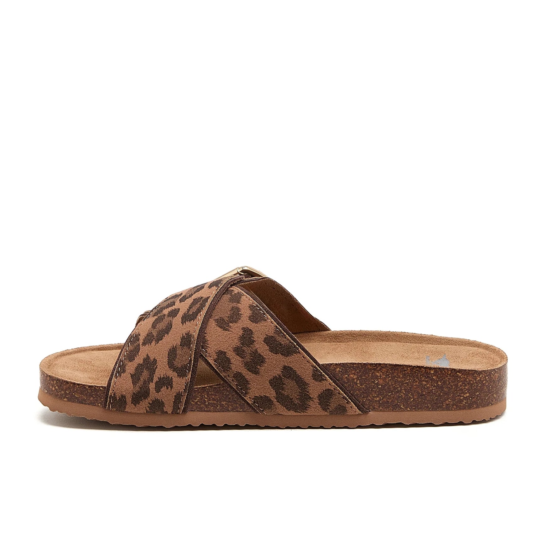 Side view of womens Rocket Dog slip-on Annie sandals, with leopard print cross-over style straps in tan brown.
