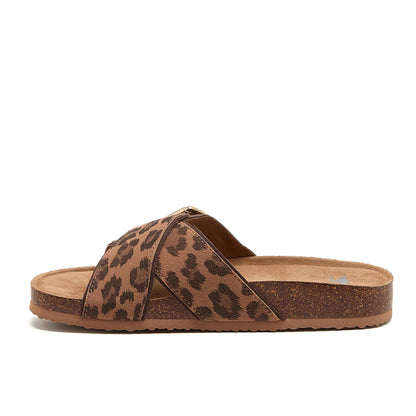 Side view of womens Rocket Dog slip-on Annie sandals, with leopard print cross-over style straps in tan brown.
