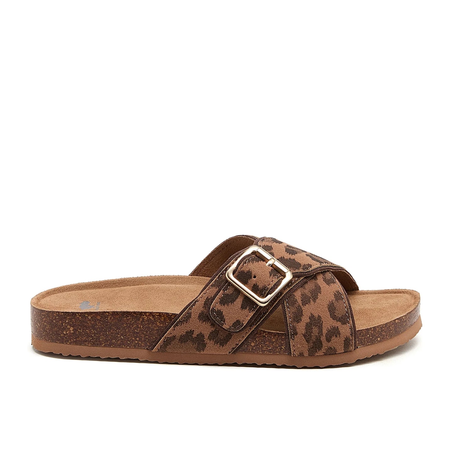 Side view of womens Rocket Dog slip-on Annie sandals, with leopard print cross-over style straps in tan brown with adjustable buckle.