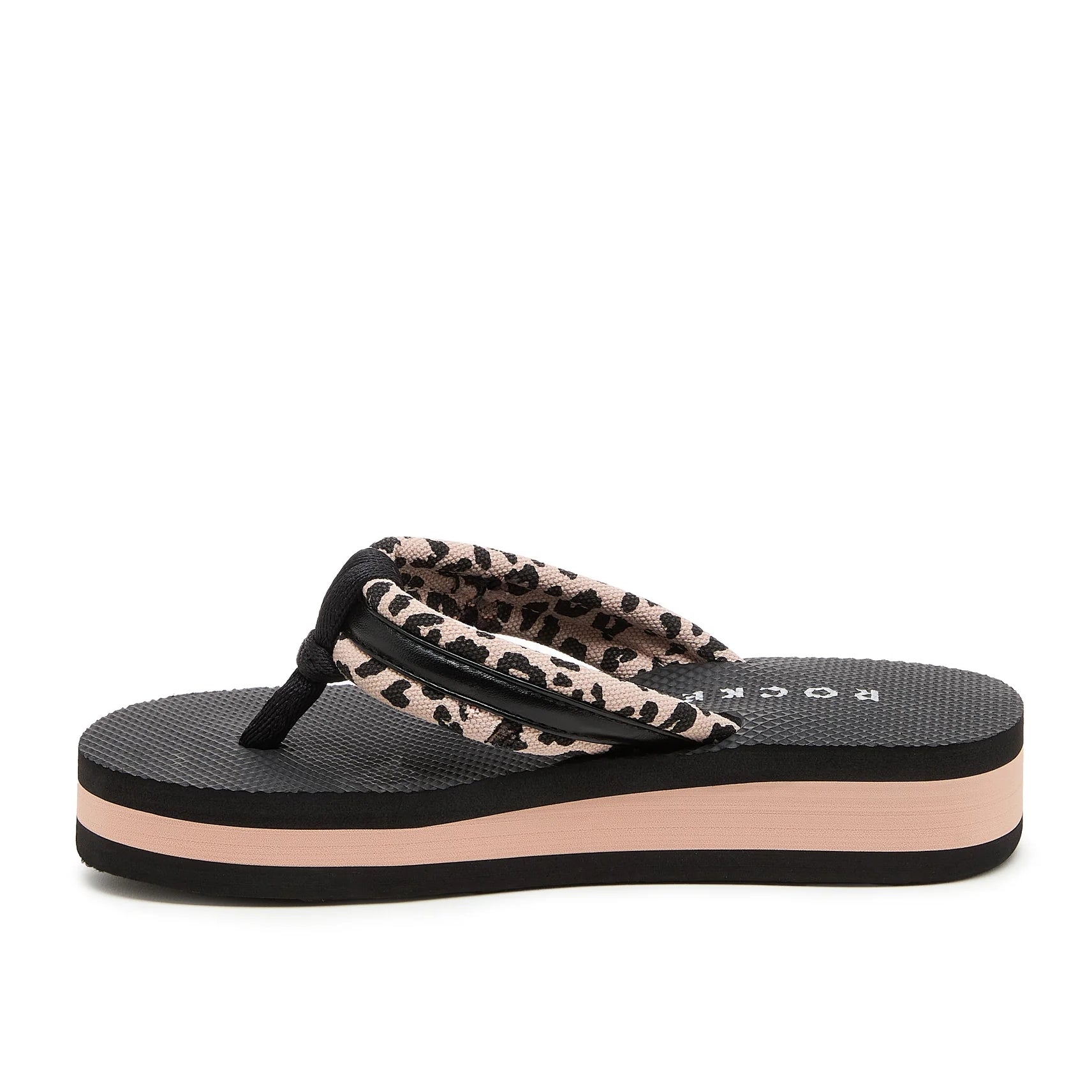 Side view of a women's Rocket Dog Monica Leon flip flop, with a light pink/tan strap with a leopard print pattern and a black and tan colourblock platform sole.