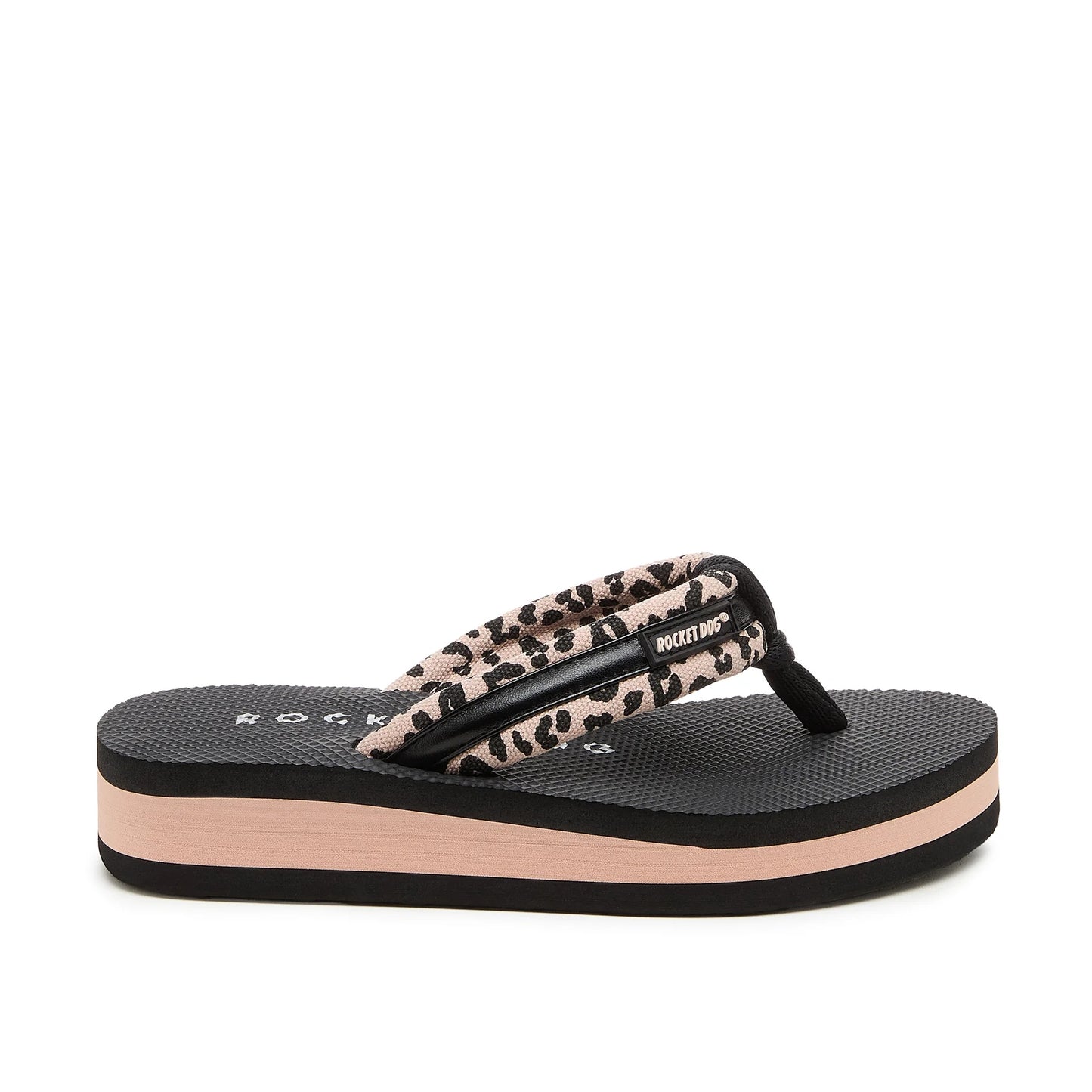 Side view of a women's Rocket Dog Monica Leon flip flop, with a light pink/tan strap with a leopard print pattern and a colour block platform sole.