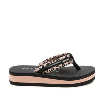 Side view of a women's Rocket Dog Monica Leon flip flop, with a light pink/tan strap with a leopard print pattern and a colour block platform sole.
