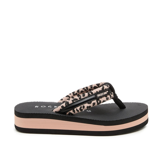 Side view of a women's Rocket Dog Monica Leon flip flop, with a light pink/tan strap with a leopard print pattern and a colour block platform sole.