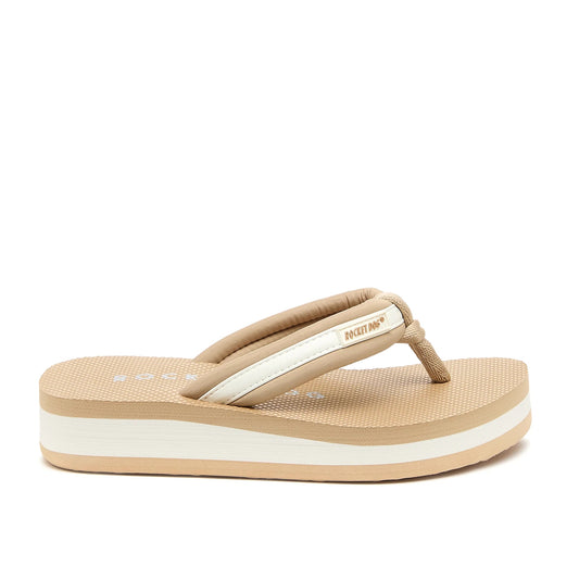 Side view of a women's Rocket Dog Monica Bristol flip flop in tan / off-white, with a colour block platform sole.