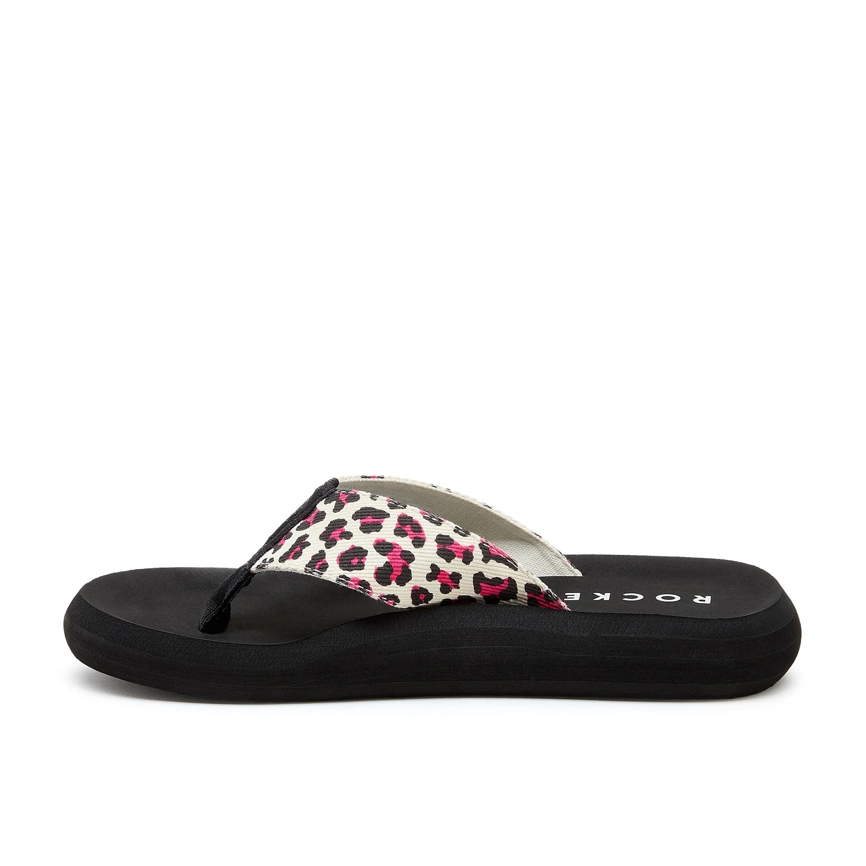Side view of a womens Rocket Dog Spotlight Monroe flip flop with a moulded black sole, cream strap with a pink and black leopard print pattern and a fabric toepost.