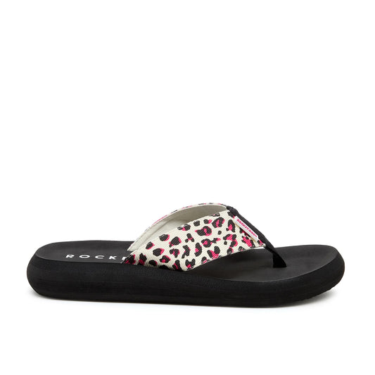 Side view of a womens Rocket Dog Spotlight Monroe flip flop with a black sole and a cream strap with a pink and black leopard print pattern.