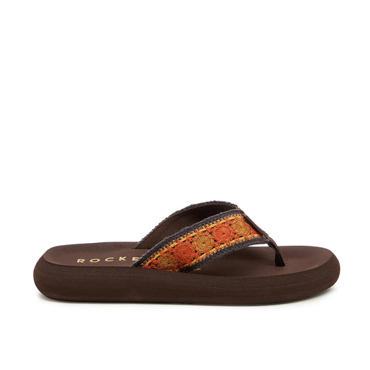 Side view of a womens Rocket Dog Spotlight Marlow flip flop in brown with an orange and tan embroidered strap.