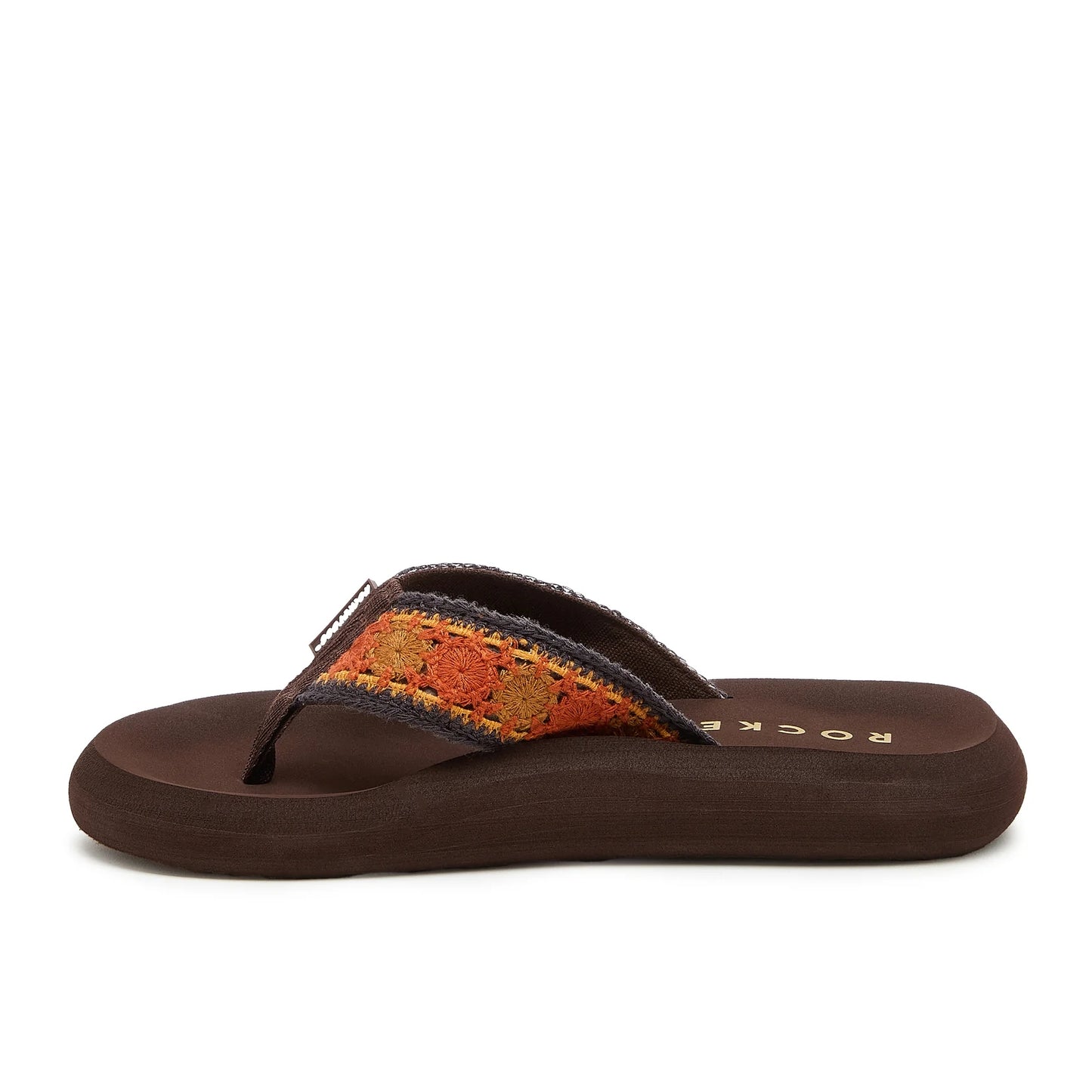 Side view of a womens brown Rocket Dog Spotlight Marlow flip flop with an orange and tan embroidered strap.