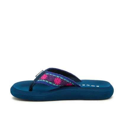 Side view of a womens Rocket Dog Spotlight Marlow flip flop with a navy sole and a purple, pink and turquoise embroidered strap and a fabric toepost.