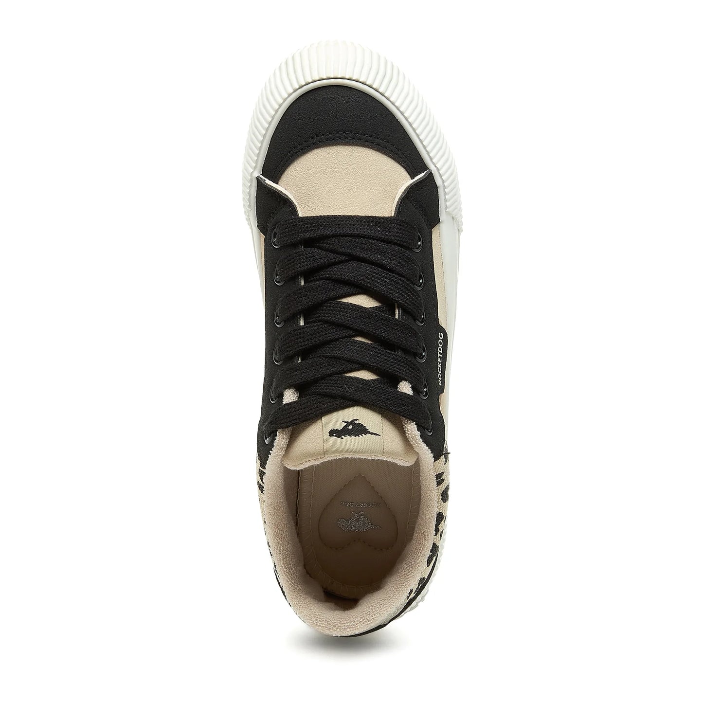 Top view of womens Rocket Dog Cheery colour block lace-up trainers with beige, black and leopard print panels