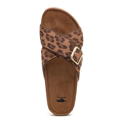 Top view of womens Rocket Dog slip-on Annie sandals, with leopard print cross-over style straps in tan brown with adjustable buckle.