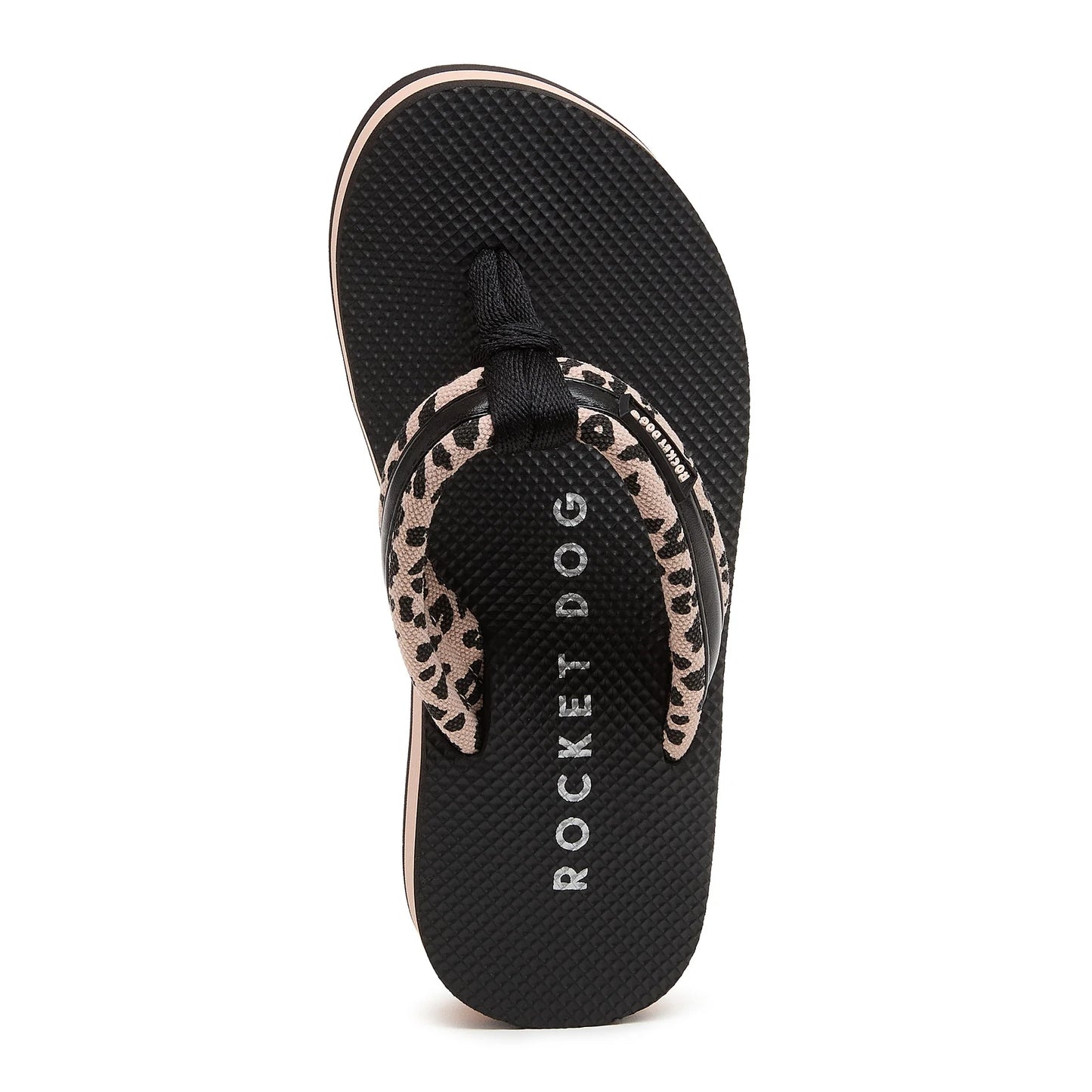 Top view of a women's Rocket Dog Monica Leon flip flop, with a light pink/tan strap with a leopard print pattern and a black platform sole.