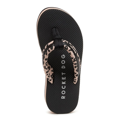 Top view of a women's Rocket Dog Monica Leon flip flop, with a light pink/tan strap with a leopard print pattern and a black platform sole.