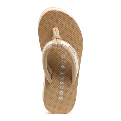 Top view of a women's Rocket Dog Monica Bristol flip flop in tan / off-white, with a padded strap and platform sole.