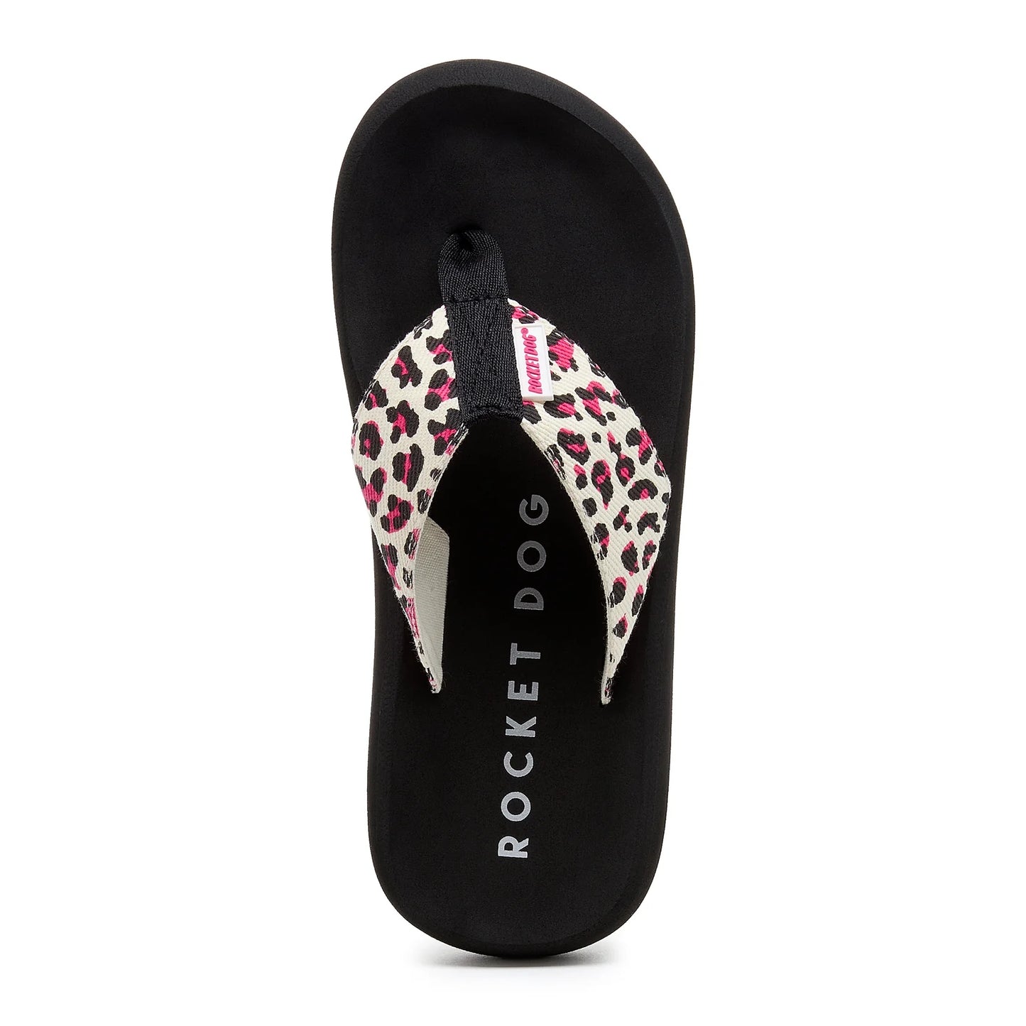 Top view of a womens Rocket Dog Spotlight Monroe flip flop with a black sole and a cream strap with a pink and black leopard print pattern.