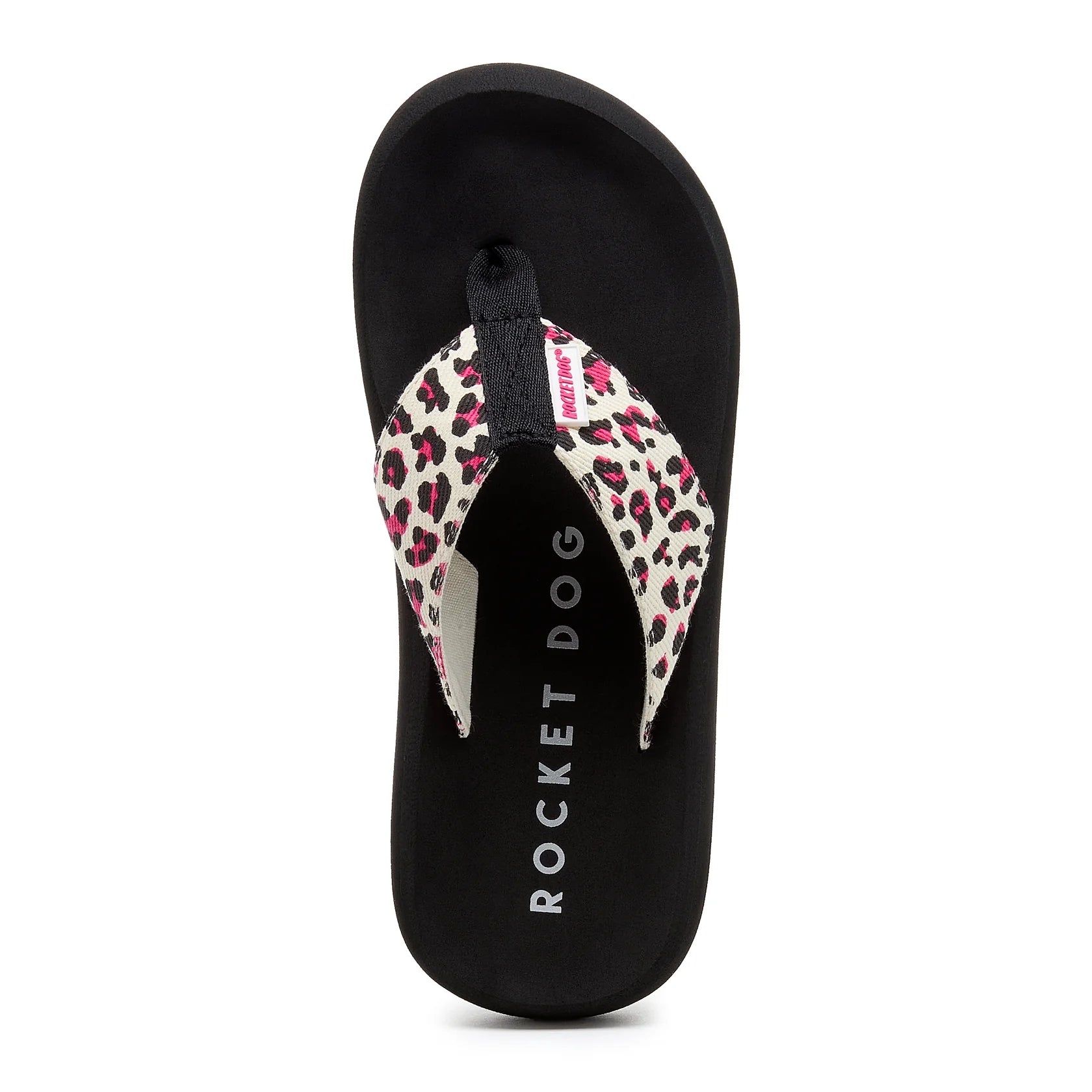 Top view of a womens Rocket Dog Spotlight Monroe flip flop with a black sole and a cream strap with a pink and black leopard print pattern.