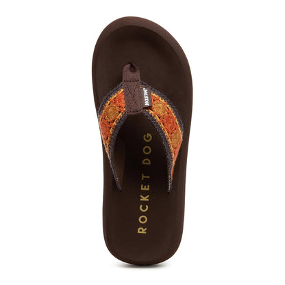 Top view of a womens Rocket Dog Spotlight Marlow flip flop in brown with an orange and tan embroidered strap.