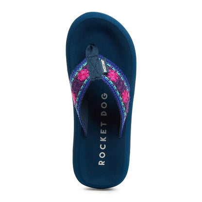 Top view of a womens Rocket Dog Spotlight Marlow flip flop with a navy sole and a purple, pink and turquoise embroidered strap.