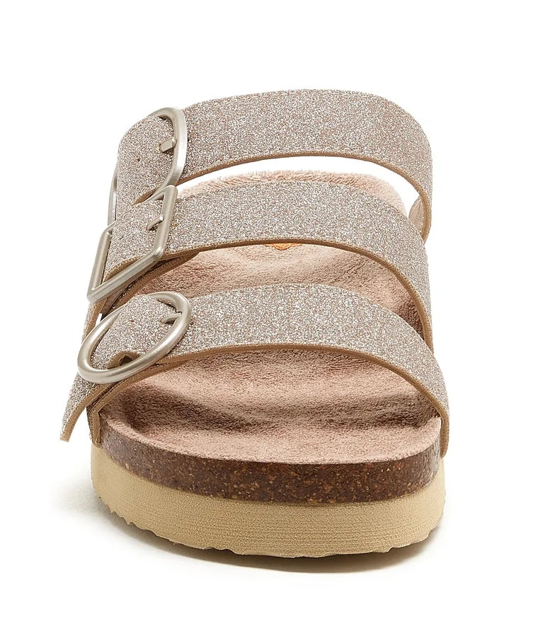 Three buckle strap women's slip on sandals from Rocket Dog in Gold Glitter.