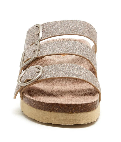 Three buckle strap women's slip on sandals from Rocket Dog in Gold Glitter.