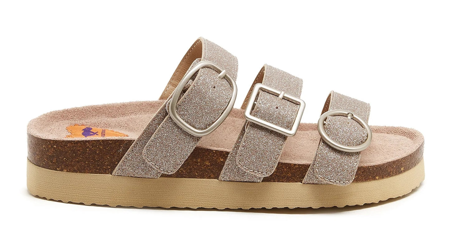 Rocket Dog women's Astor slider style three strap sandals in Gold Glitter.