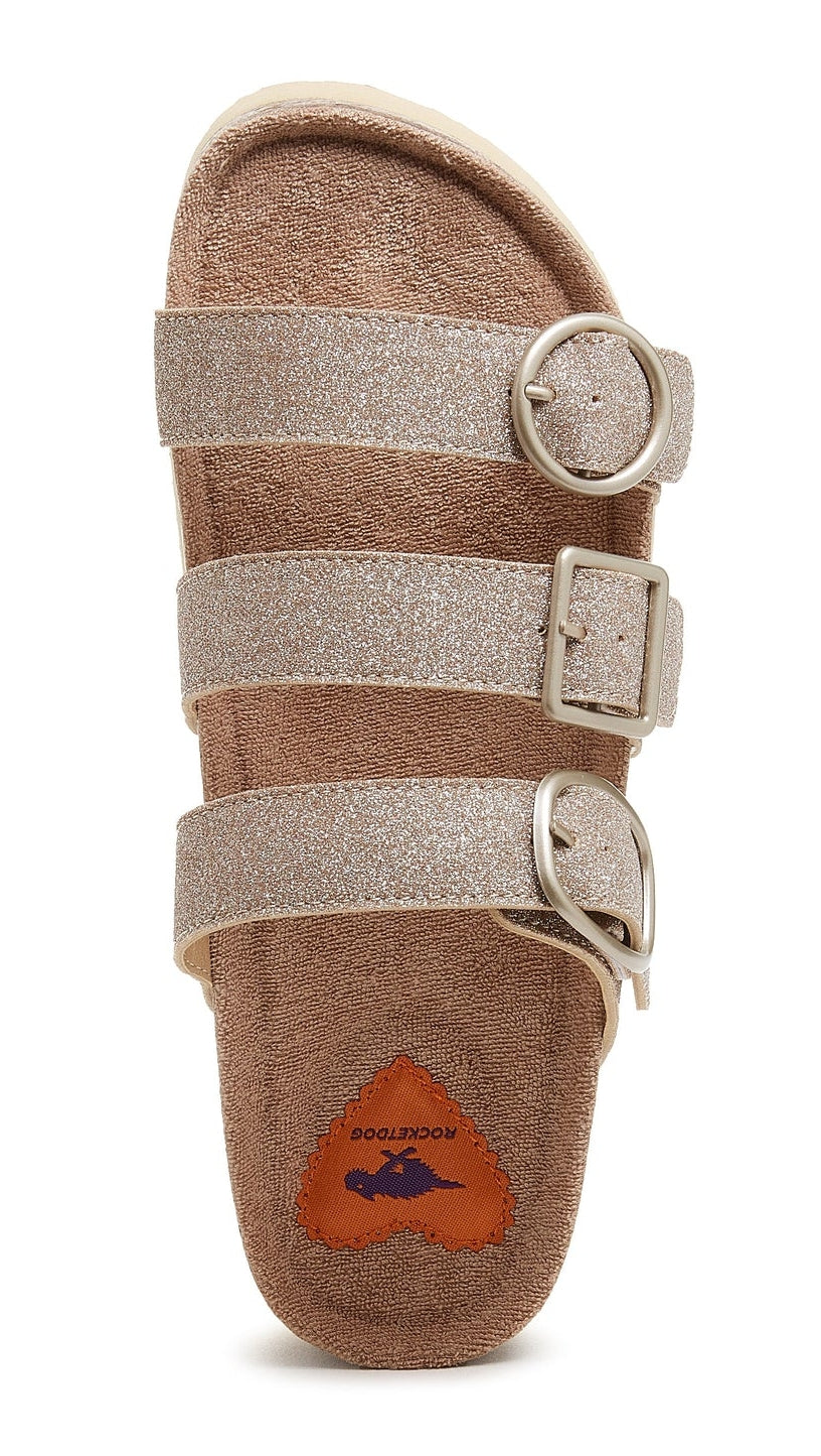 Women's Astor Sandals from Rocket Dog in a slip on slider style with three straps with buckles and a Gold Glitter finish.