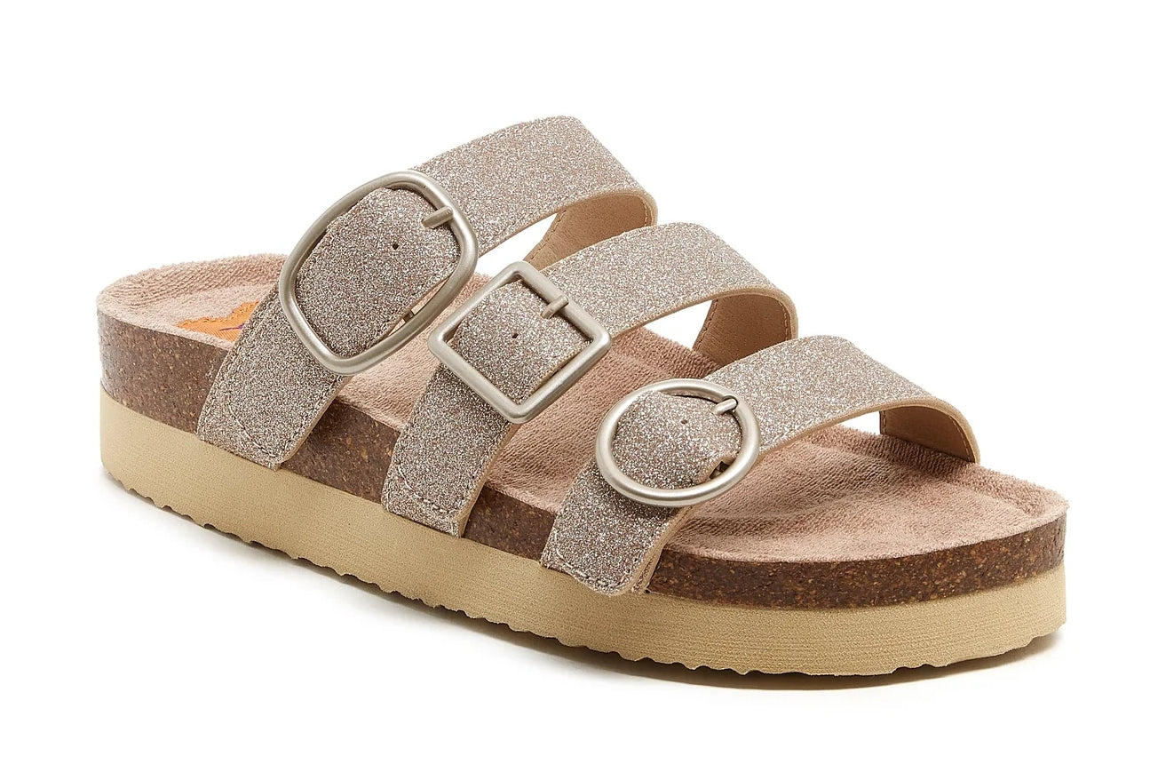 Three strap women's Astor slide sandals from Rocket Dog in Gold Glitter.