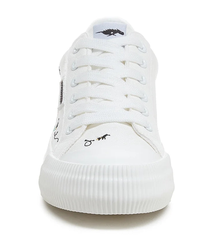White floral and bee embroidery Cheery platform trainers from Rocket Dog with lace up front.