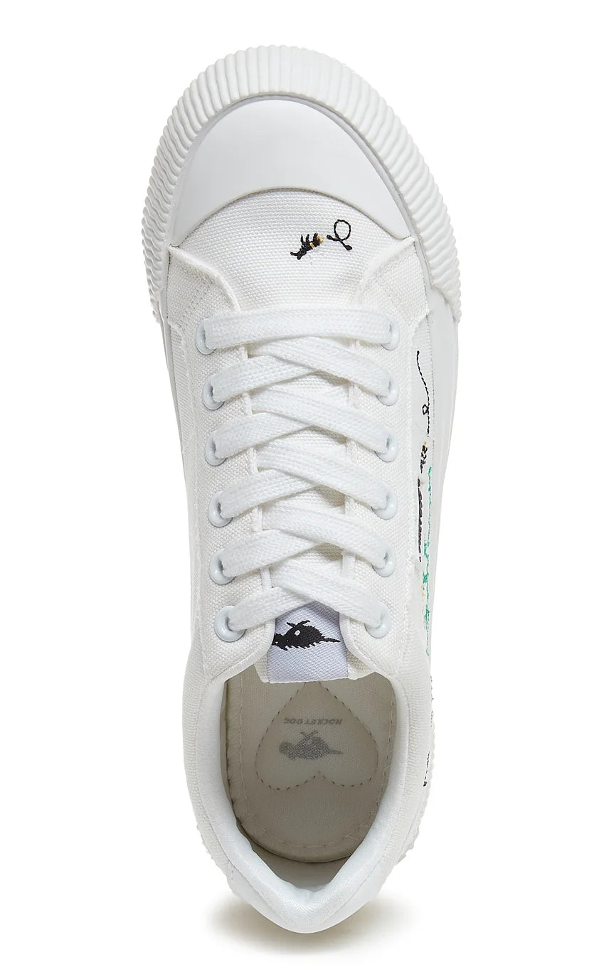 Lace up women's Cherry white trainers with floral and bee embroidery and white laces.