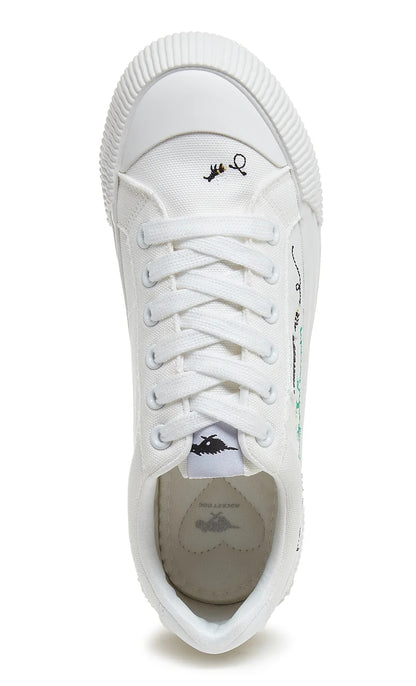 Lace up women's Cherry white trainers with floral and bee embroidery and white laces.