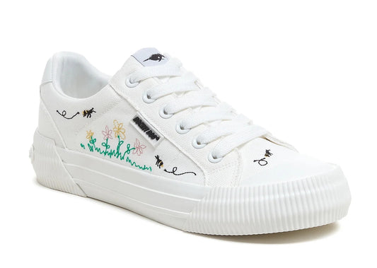 Rocket Dog womens Cheery Floral Embroidery lace up trainers in white.