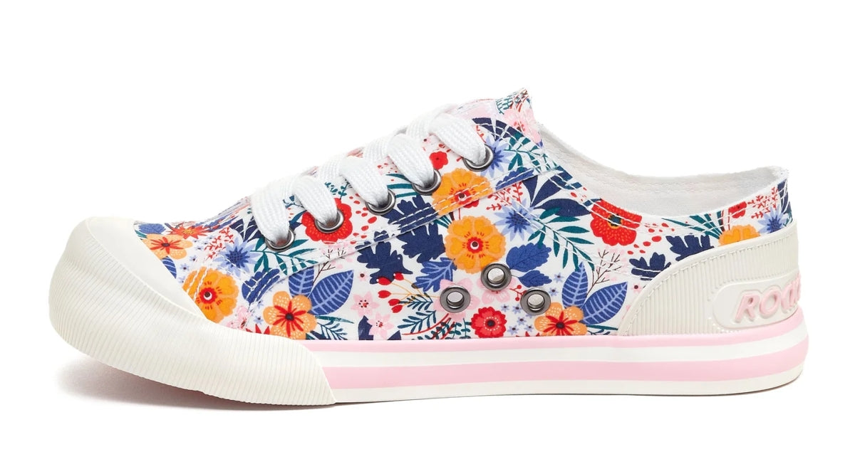 Womens white lace up Jazzin floral cotton canvas trainers from Rocket Dog.