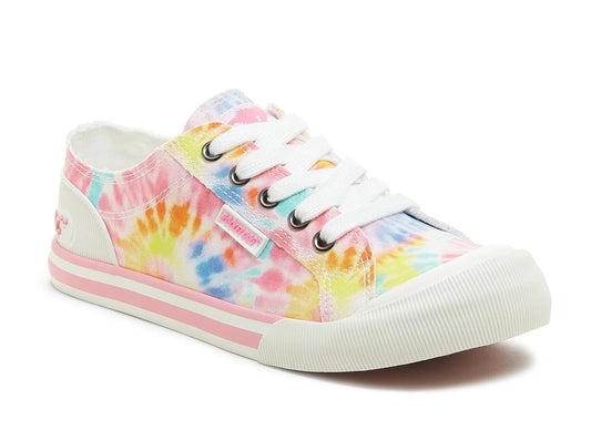 Rocket Dog womens Jazzin cotton lace up trainers in multicoloured pastel tie dye pattern.