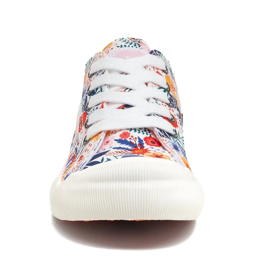 Women's Rocket Dog low rise white Jazzin trainers with white laces, multicoloured floral pattern and white soles.
